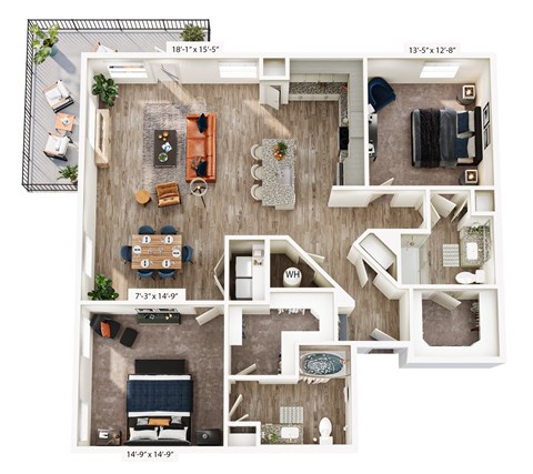 A floor plan of a house with a living room, kitchen, and two bedrooms.